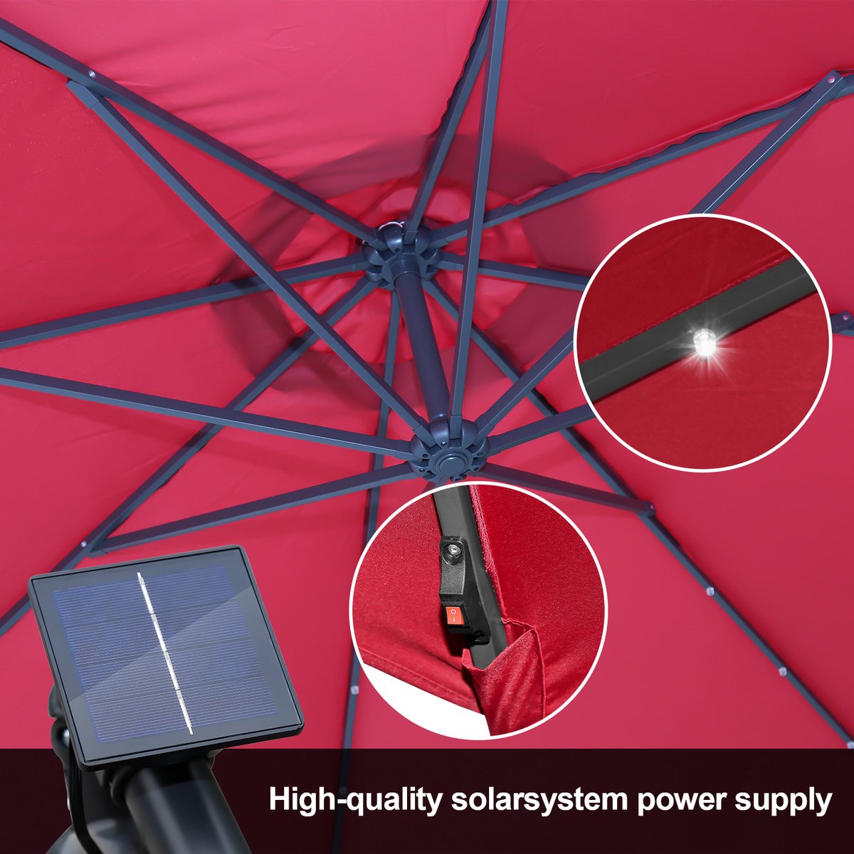 Zweefparasol - Strandparasols - Balkonparasols - Solar LED parasol Waterdicht - Parasol - Parasols - Ø 350cm - 3.5m - Tuinparasol - Zonne-energie - Rood - Draai- en Kantelbaar - 360° draaibaar - Duurzame Zweefparasol - Met voet