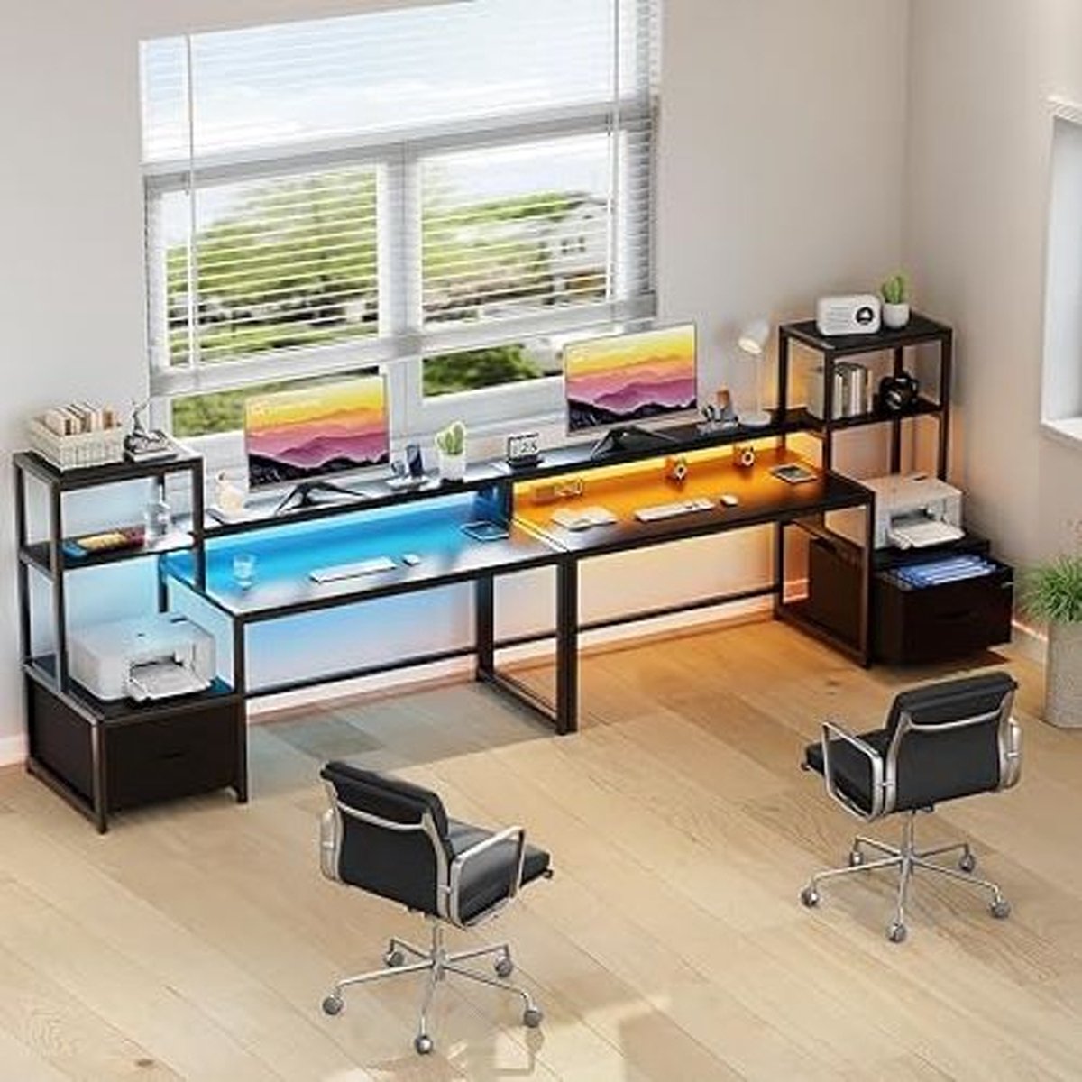 SHOP YOLO-game bureau-met Lade en Printer Plank-150 cm Omkeerbaar Computerbureau met LED-verlichting-Monitorstandaard en Haken Voor Computerwerkstation-Zwart