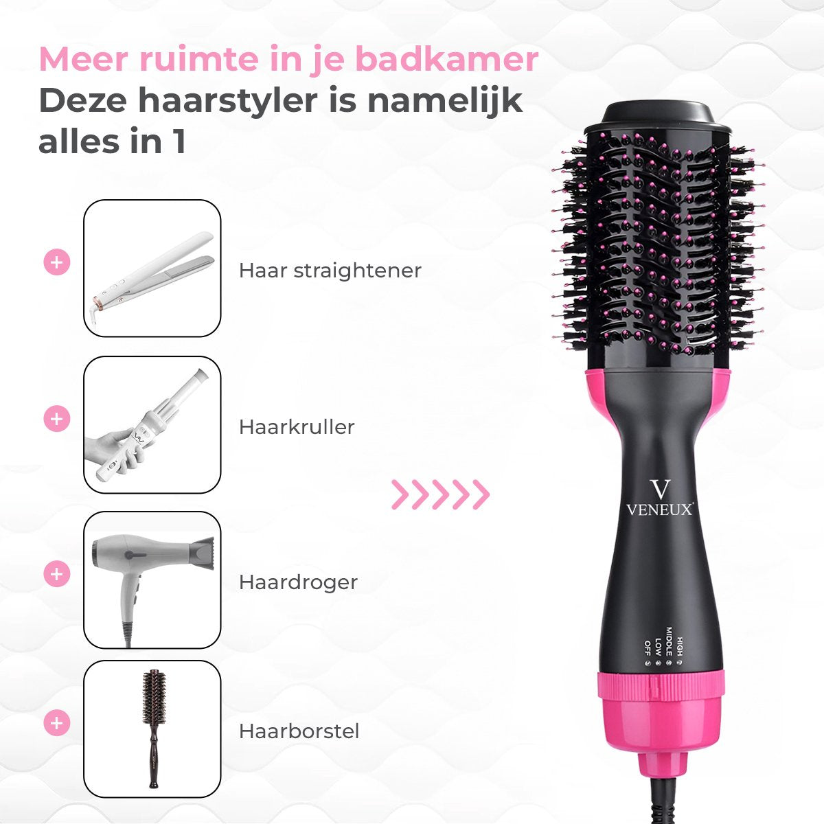 Veneux® 3-in-1 Föhnborstel - Krulborstel - Föhn - Haardroger - 3 Standen