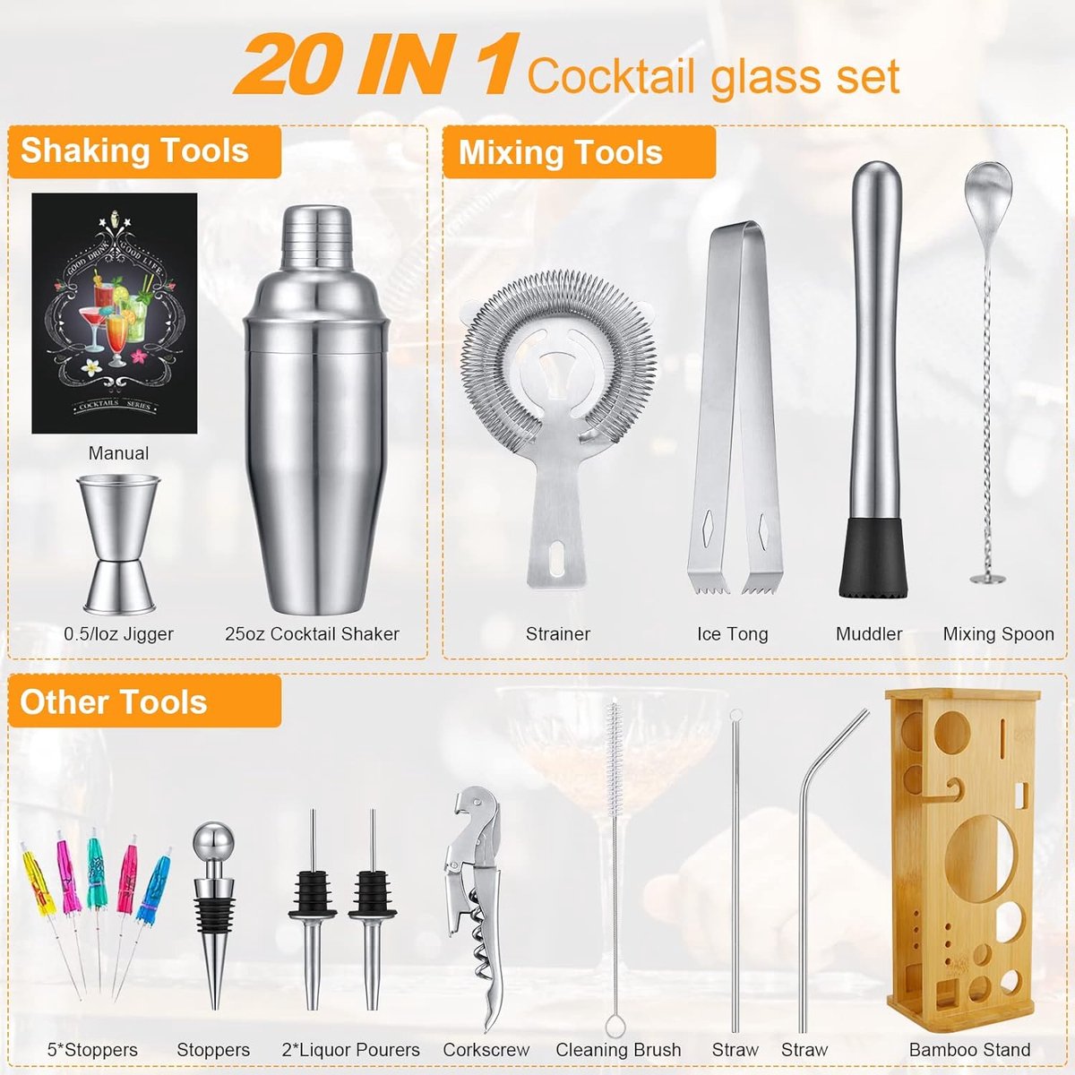 Cocktailshaker Set Vaderdag Cadeau - 750 ml Roestvrij Staal Bonus Cocktailshaker Cocktailset Boek, Cocktail Barkeeper Set, Bar Accessoires Counter Shaker Bar Mixer met Houten Standaard, Verjaardag Cadeau
