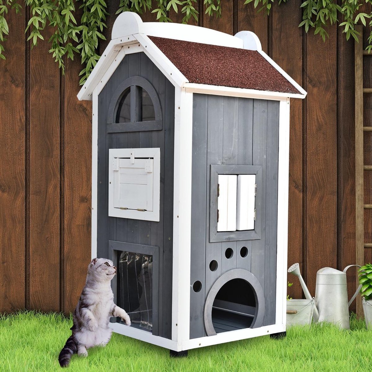 Cat villa with stairs and balcony - Cat house - Cat kennel - 2 floors - 59 x 55 x 109 cm - Wood - Grey