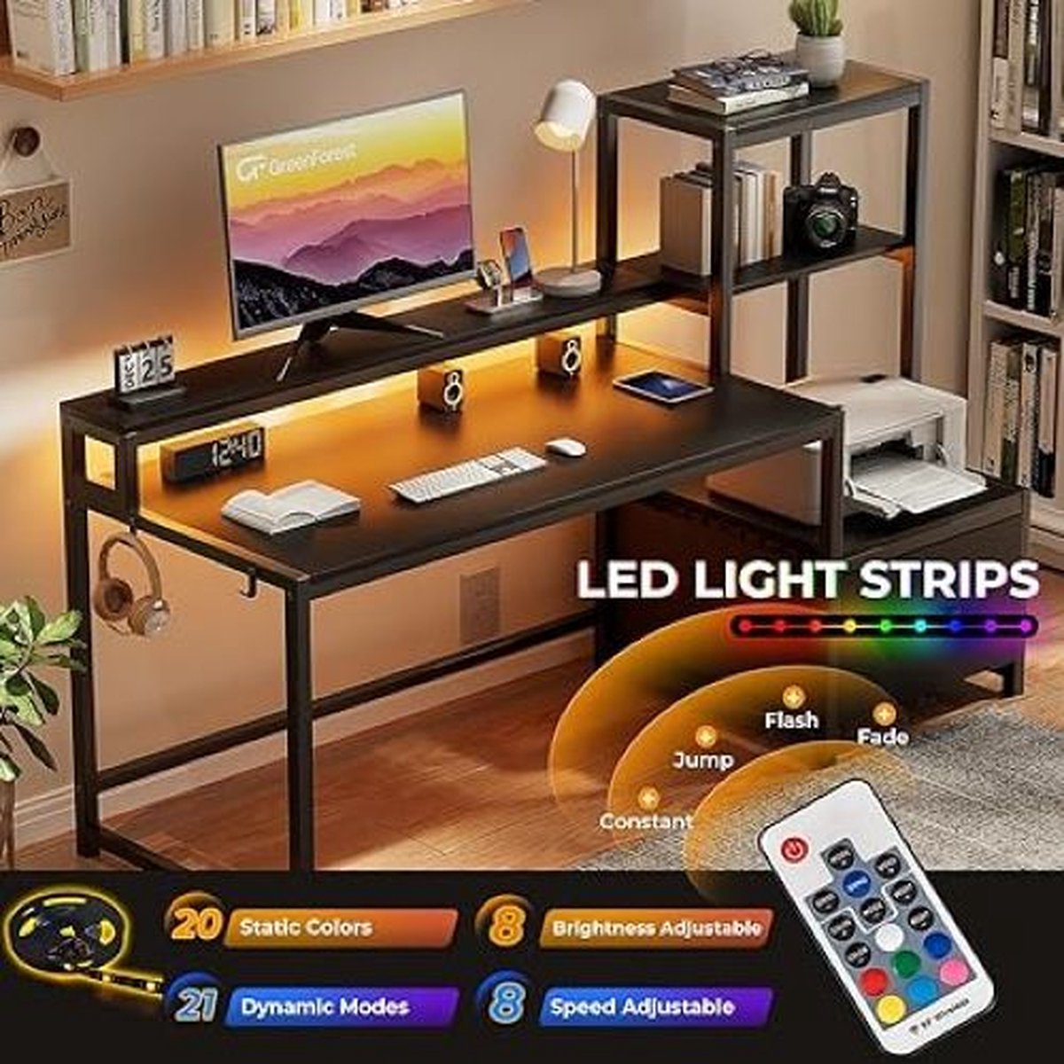 SHOP YOLO-game bureau-met Lade en Printer Plank-150 cm Omkeerbaar Computerbureau met LED-verlichting-Monitorstandaard en Haken Voor Computerwerkstation-Zwart