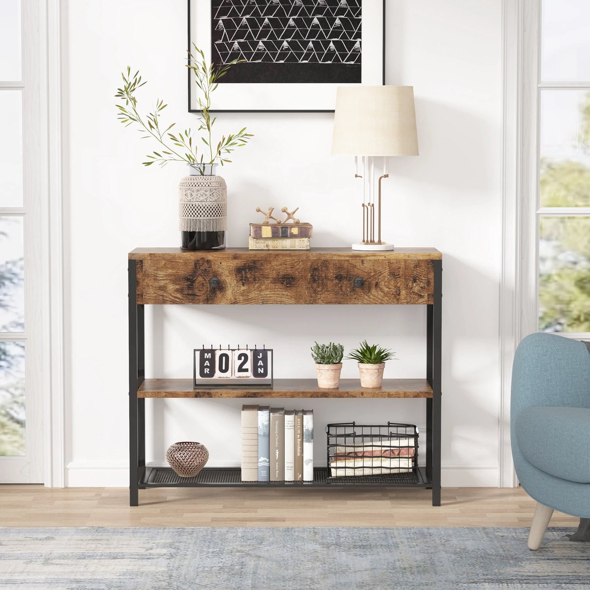 Sidetable - Salontafel - Bijzettafel - Bank Tafeltje - Koffietafel - Rechthoek - Industrieel - Zwart/bruin