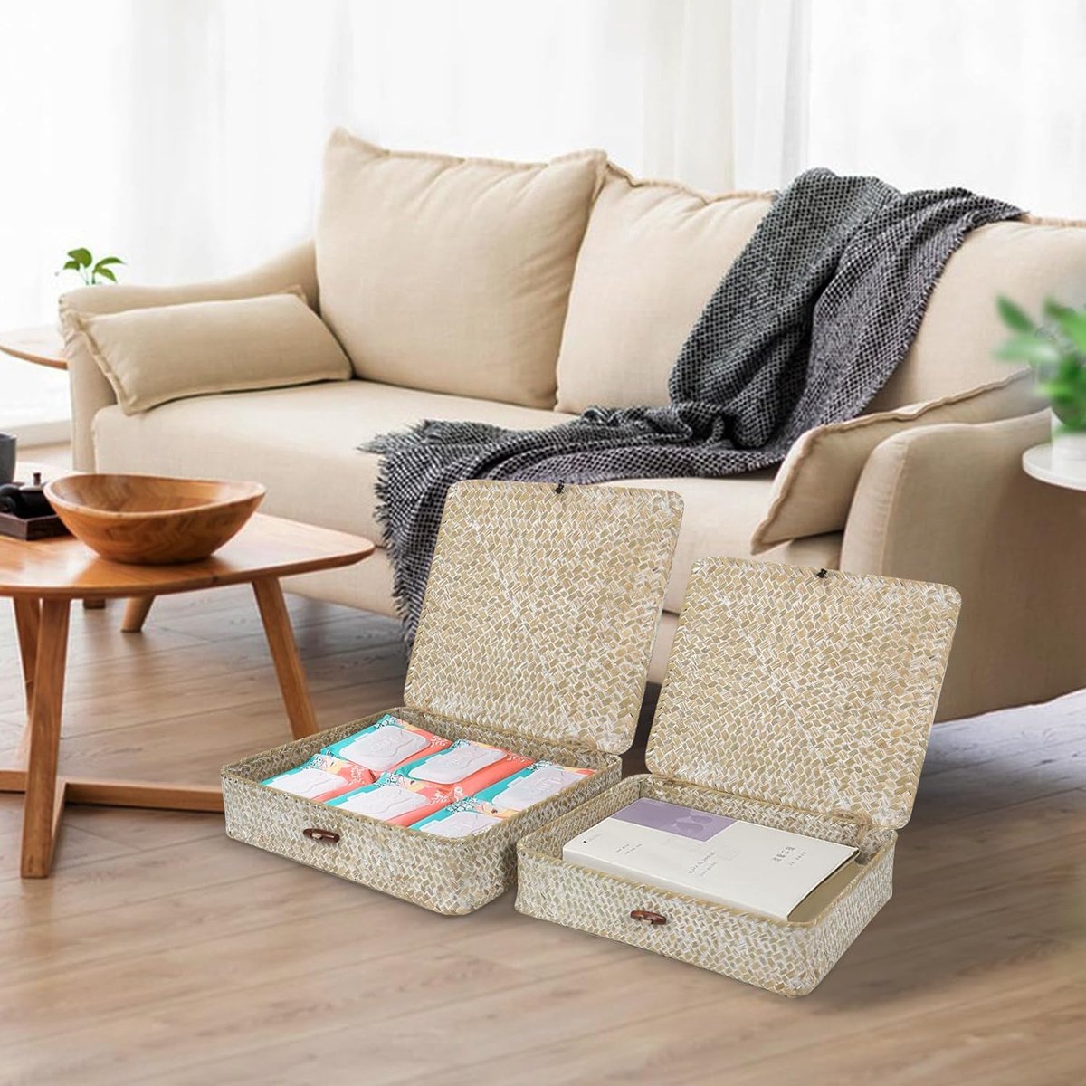Set van 2 plat geweven rieten manden met deksel, natuurlijke zeegras-mandboxen, multifunctionele organizer, dozen voor plankorganizer