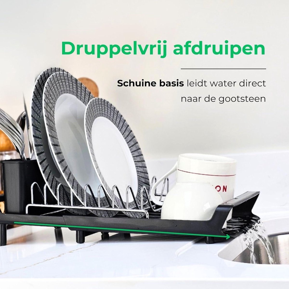 Compact Uitschuifbaar Afdruiprek Zwart - Klein Afwasrek met Lekbak - Gootsteen Verstelbaar Afwasrek - Bestekhouder - Antislip Voetjes - Roestvrij - 28/47 x 20cm Afdruiprek met Lekbak Inklapbaar