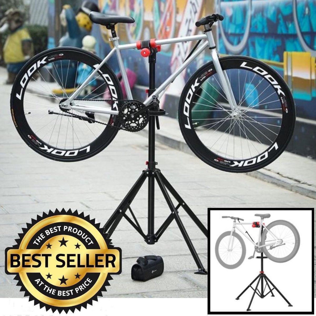Decopatent® Sterke Montagestandaard Fiets - 360° Draaibaar - Verstelbaar + Gereedschapsbakje - Fiets Montage reparatie standaard