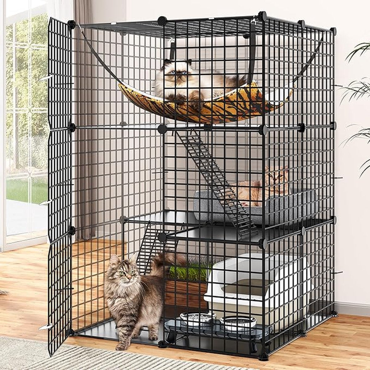 3-Tier DIY kattenkooi met hangmat voor 1-2 katten - binnenverblijf voor katten met metalen draad dichtheid - geschikt voor fret, chinchilla, konijn 72 x 72 x 104 cm