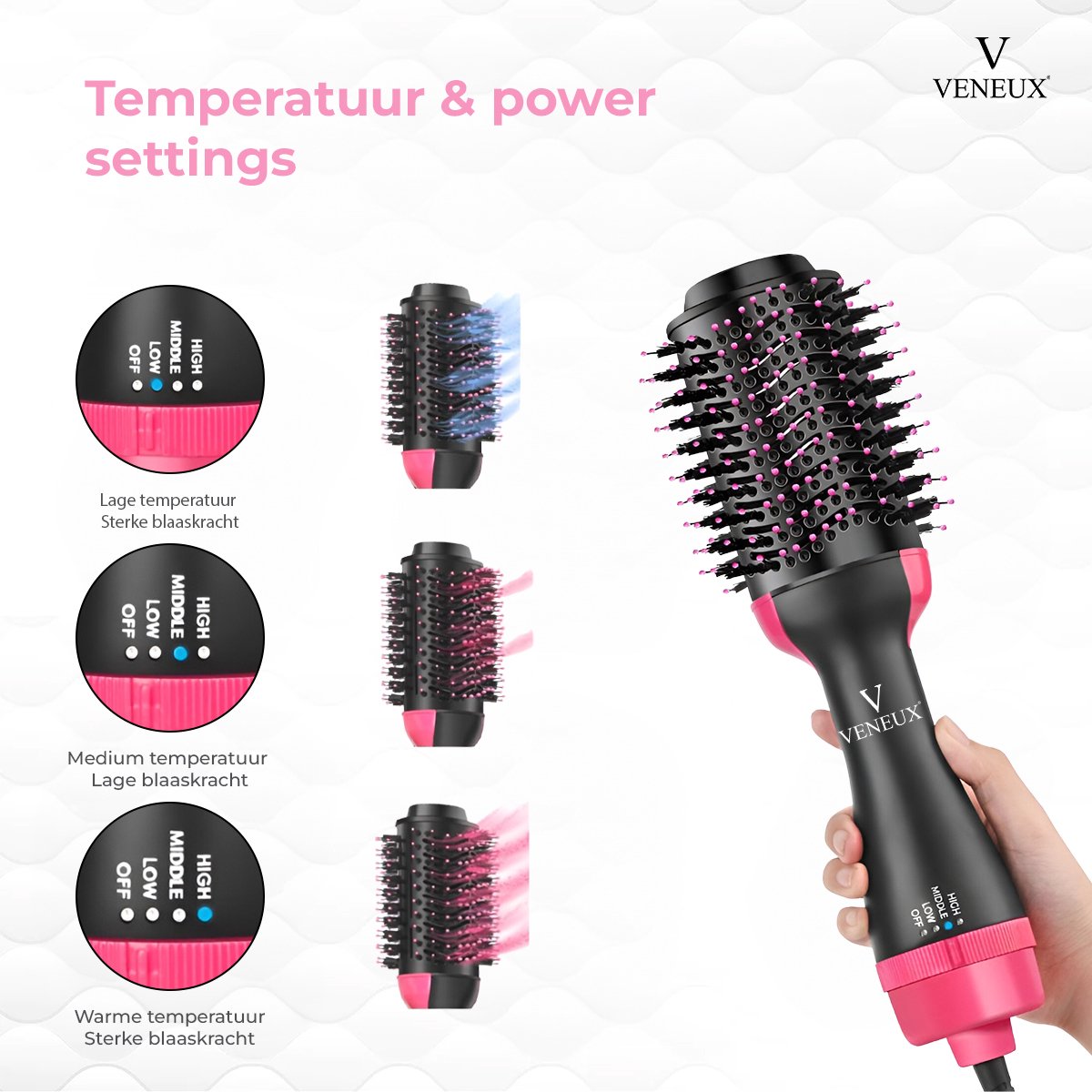 Veneux® 3-in-1 Föhnborstel - Krulborstel - Föhn - Haardroger - 3 Standen