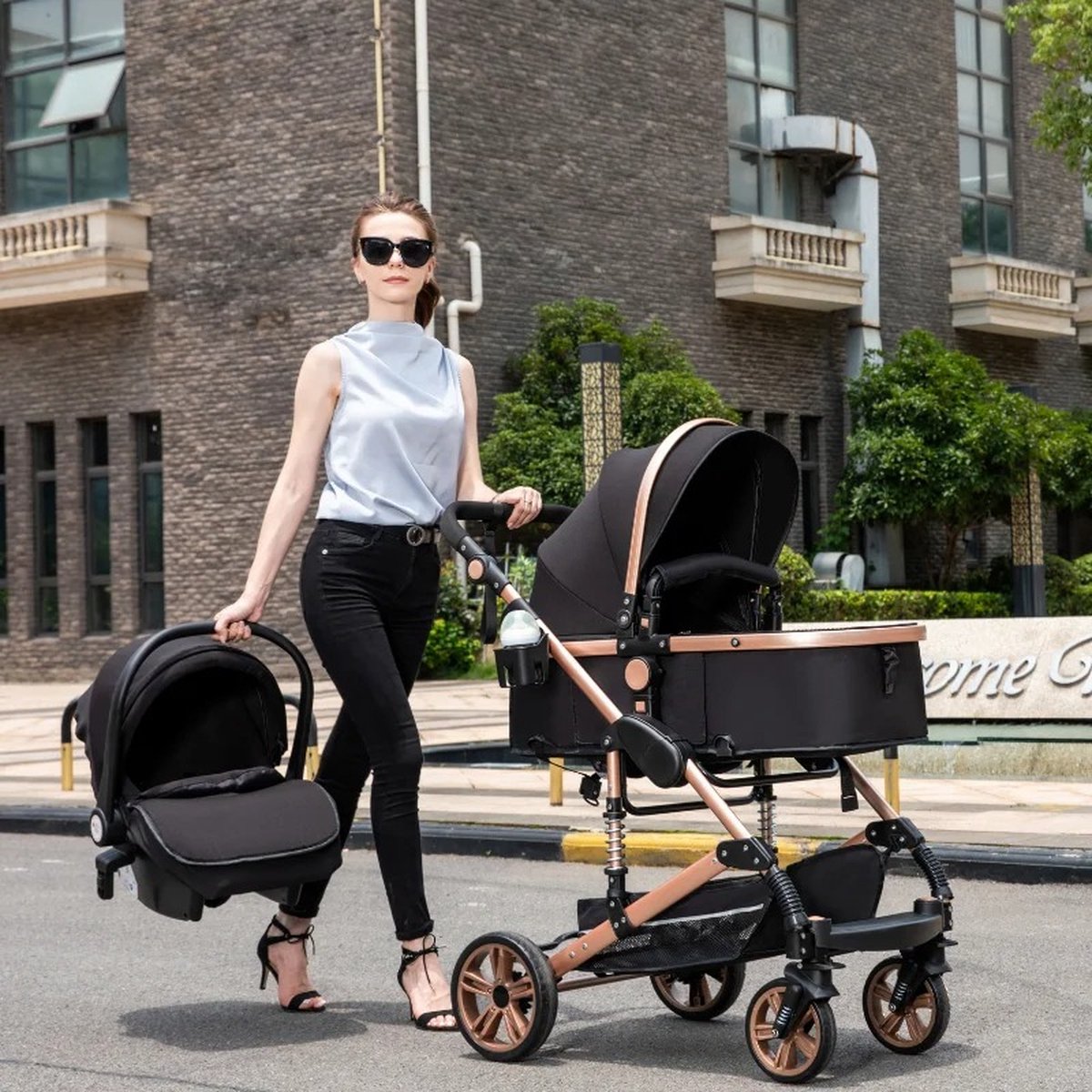 Kinderwagen 3-in-1 - babywagen - kinderwagen - opvouwbaar - incl. draagbare wieg + autostoel - omkeerbare hoge zitting - verstelbare zonnekap - tot 3 jaar - Kleur Zwart - schokabsorberende dempers