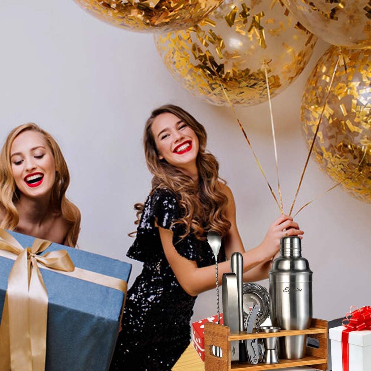 Cocktailshaker Set Vaderdag Cadeau - 750 ml Roestvrij Staal Bonus Cocktailshaker Cocktailset Boek, Cocktail Barkeeper Set, Bar Accessoires Counter Shaker Bar Mixer met Houten Standaard, Verjaardag Cadeau