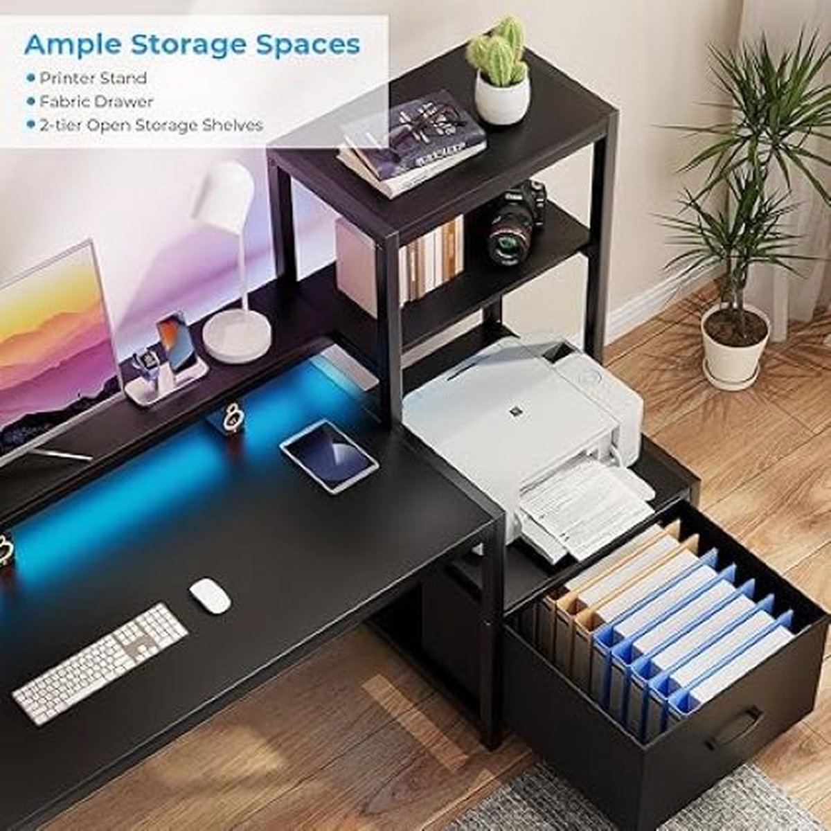 SHOP YOLO-game bureau-met Lade en Printer Plank-150 cm Omkeerbaar Computerbureau met LED-verlichting-Monitorstandaard en Haken Voor Computerwerkstation-Zwart