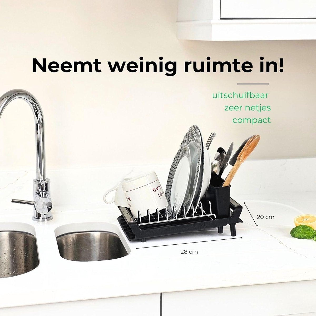 Compact Uitschuifbaar Afdruiprek Zwart - Klein Afwasrek met Lekbak - Gootsteen Verstelbaar Afwasrek - Bestekhouder - Antislip Voetjes - Roestvrij - 28/47 x 20cm Afdruiprek met Lekbak Inklapbaar