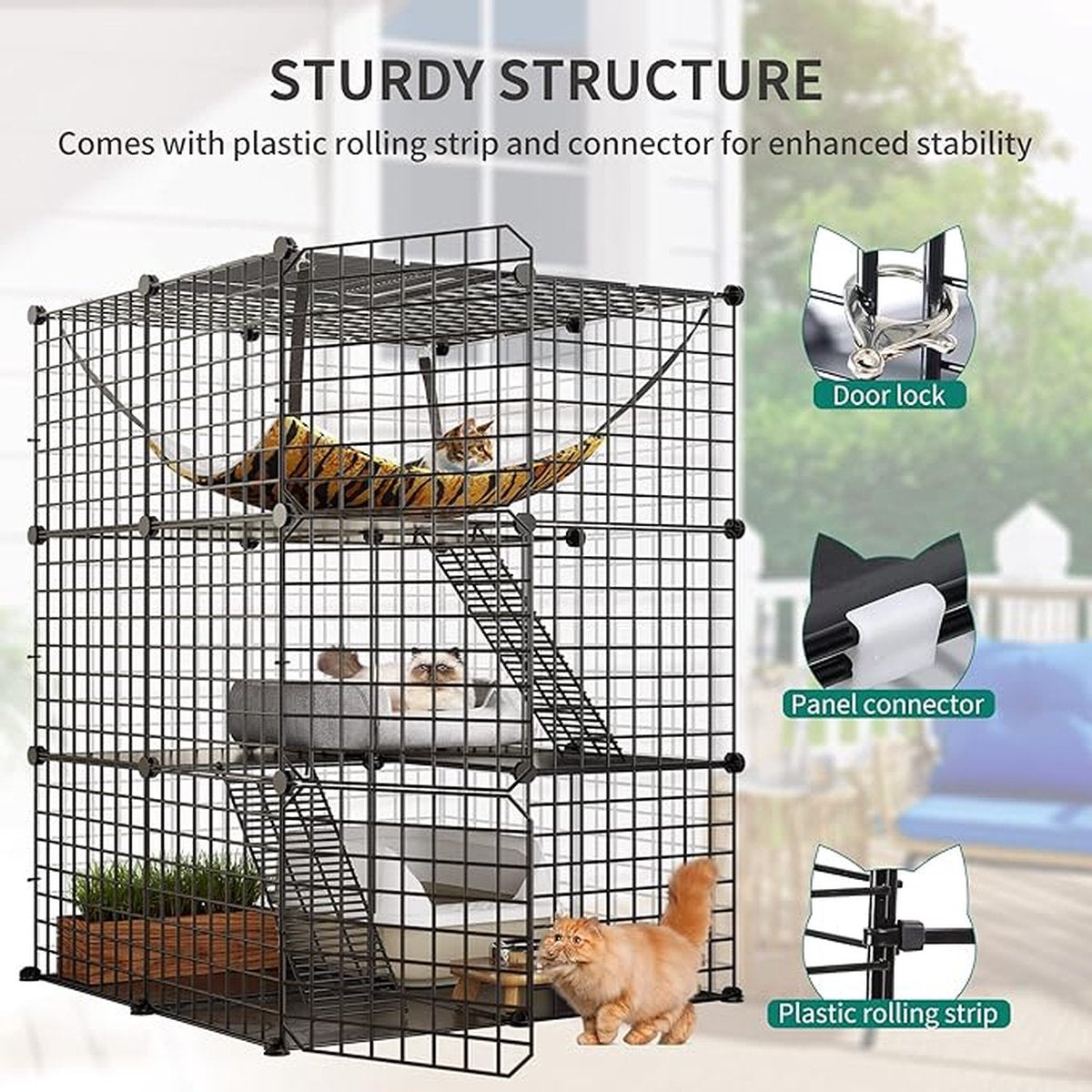 3-Tier DIY kattenkooi met hangmat voor 1-2 katten - binnenverblijf voor katten met metalen draad dichtheid - geschikt voor fret, chinchilla, konijn 72 x 72 x 104 cm