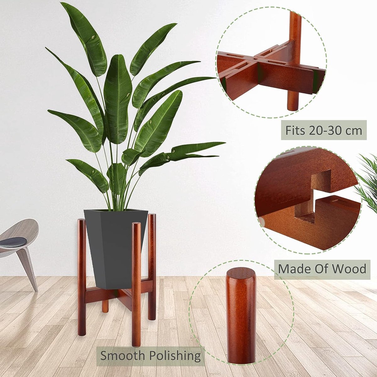 Wooden Plant Stand for Indoors, Brown Flower Pots, Plant Stool for Living Room, Bedroom, Adjustable Width for Pots up to 30 cm