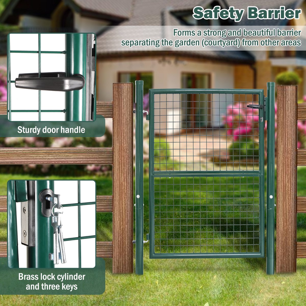 Tuinpoort Poort gepoedercoat staal Tuinpoort-Tuindeur hek poort 125 × 100 cm boerderij poort van gegalvaniseerd staal met slot, deurknop en sleutel, stevig en duurzaam-groen
