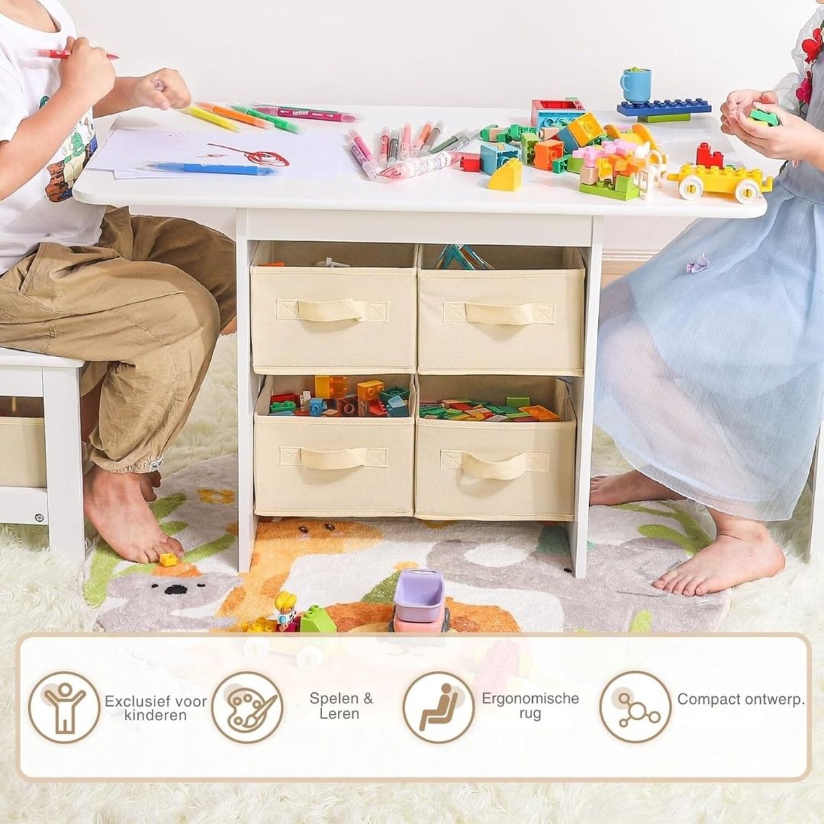 Kindertafel Met Opbergruimte - Kindertafel Met Stoeltjes – Kinderbureau – Inclusief Bankje Met Veel Opbergruimte - Set van 4: 1 x tafel + 2 x stoelen + 1 x kistbank