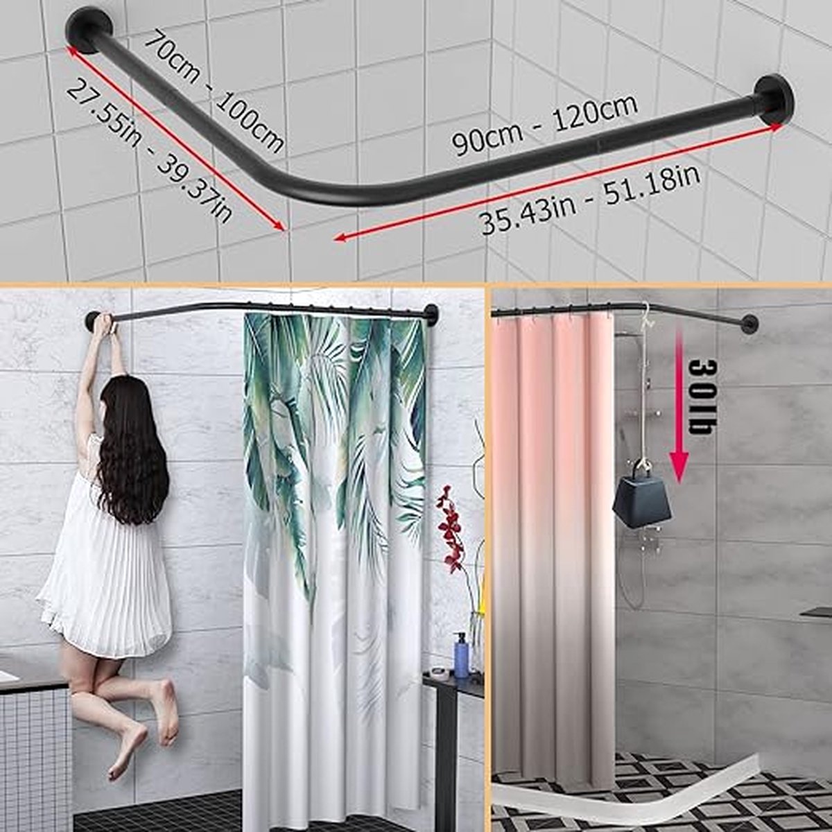 Rekbaar 304 roestvrij L-vormige badkamer badkuip hoek douchegordijn rail rek (groot formaat zwart 2, 90-120 cm x 120-165 cm)