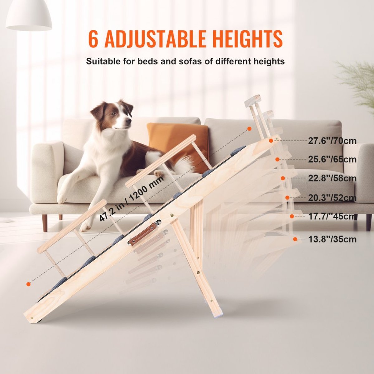 Dog ramp, 1,2 m lange hondentrap met 7 dwarsbalken, hondenautoloopplank van grenenhout, rubberen hondeninstaphulp, 6-traps hoogte-instellingen, dierenloopplank, ca. 113 kg draagvermogen, voor grote en kleine honden