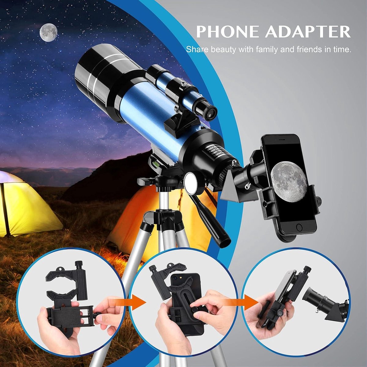 Telescopische Astronomie 70/400 telescoop voor beginners en kinderen - inclusief statief, smartphone-adapter en maanfilter