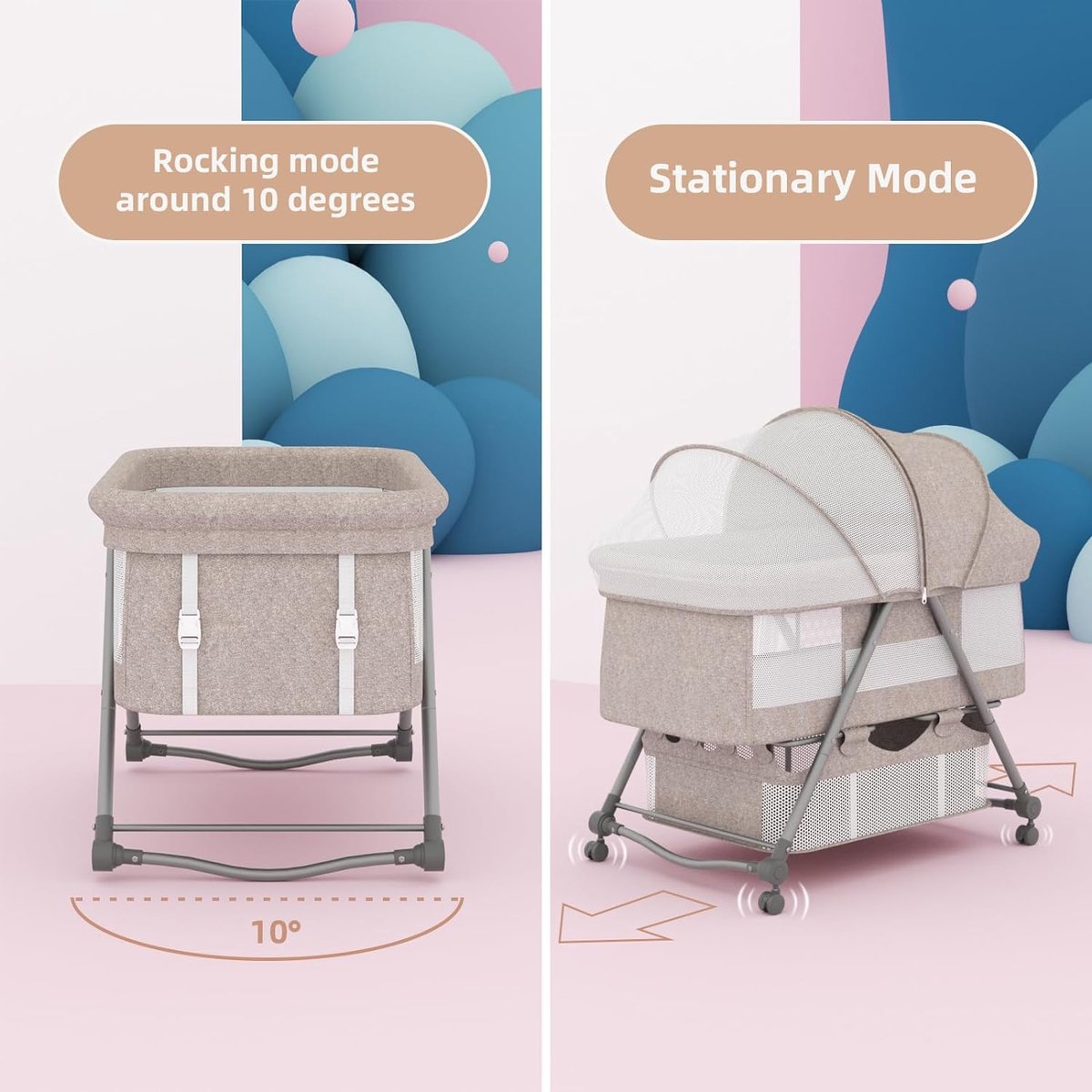 Babybed met zacht matras, reisbed incl. opbergruimte, wiegfunctie, opvouwbaar, slip en transporttas, vanaf de geboorte tot 20 kg, wieg, complete set voor baby's van 0-6 maanden, kaki