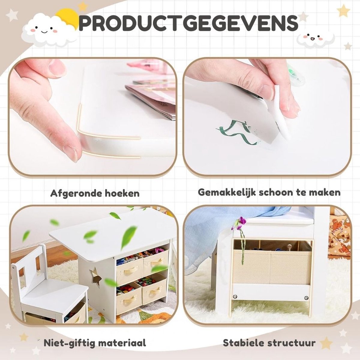 Kindertafel Met Opbergruimte - Kindertafel Met Stoeltjes – Kinderbureau – Inclusief Bankje Met Veel Opbergruimte - Set van 4: 1 x tafel + 2 x stoelen + 1 x kistbank