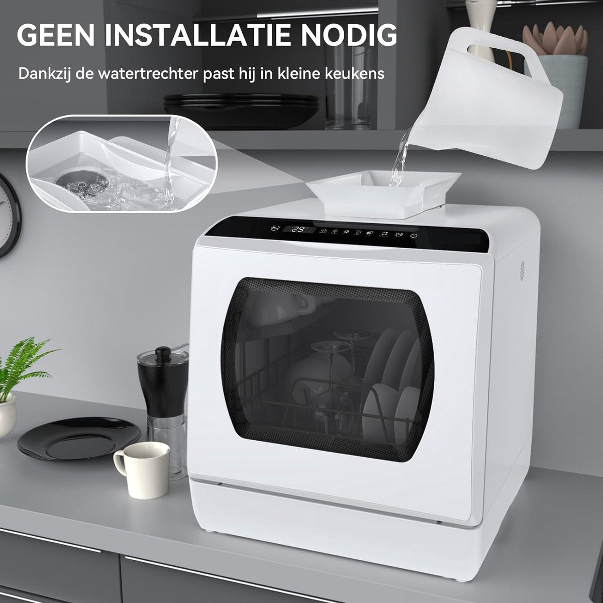 Mini-vaatwasser - tafelvaatwasser - te gebruiken met en zonder wateraansluiting - 43 cm breed - plaats voor 4 couverts - voor gebruik op de camping - 175 kWh/jaar - wit (glazen deur)