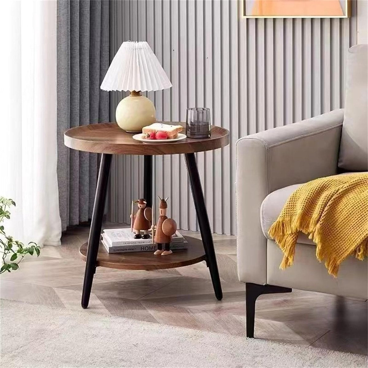 Houten bijzettafel, 2 niveaus, ronde salontafel met opbergruimte, ronde salontafel, woonkamertafel, nachtkastje voor kleine ruimtes, bijzettafel voor woonkamer, slaapkamer, H x D 48 x 40 cm