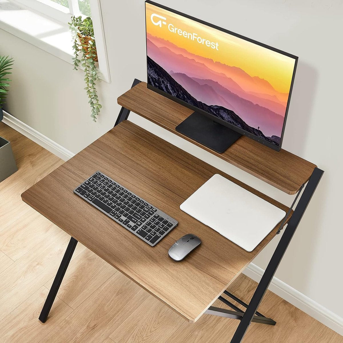 GreenForest Kleine Opvouwbare Computertafel met Plank, Geen Montage Vereist, 75 x 52 cm Bureau voor Thuiskantoor, Kleine Werktafel, Bruin