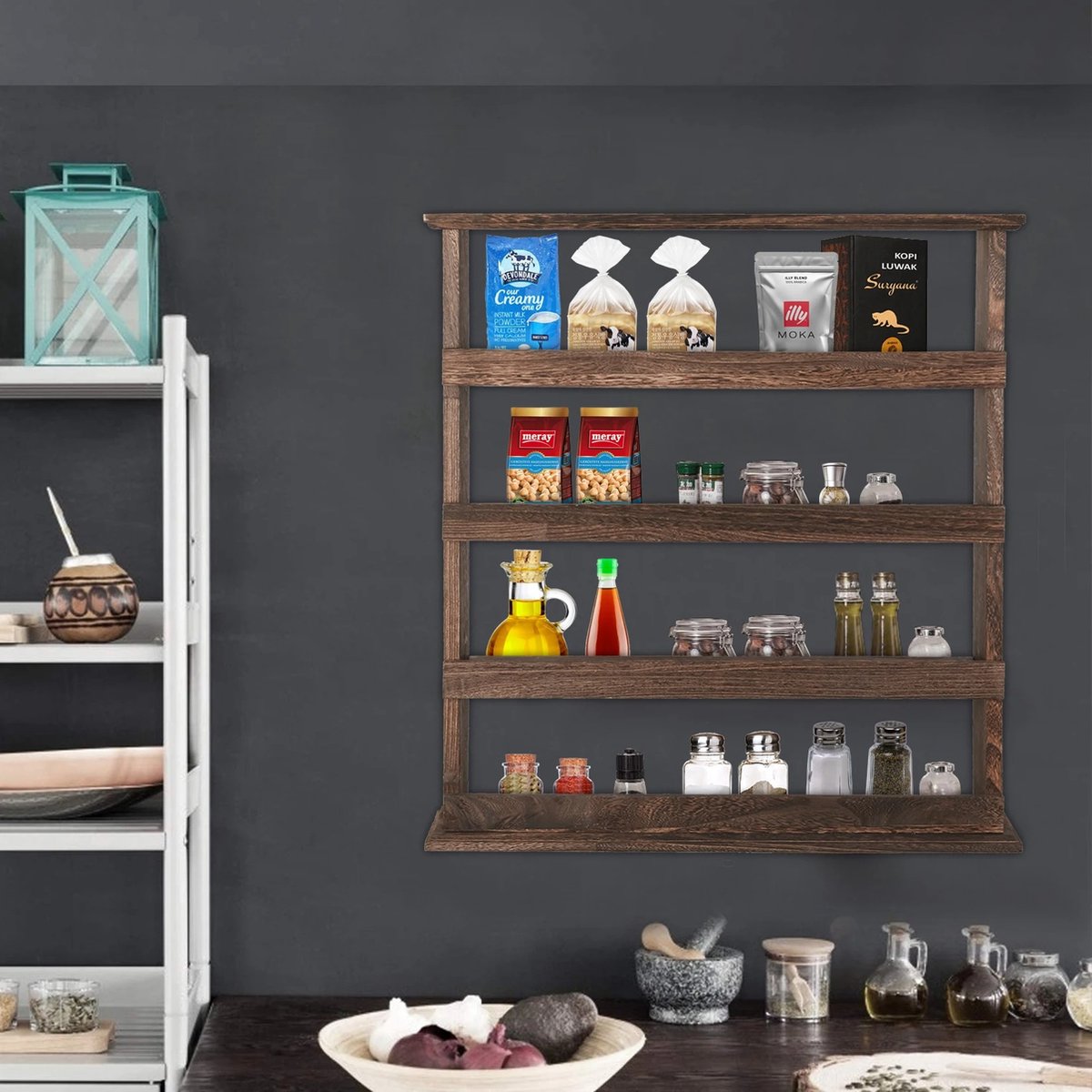 Rakmishop - Houten Kruidenrek - Ophangbaar Kruidenrek - Kruidenrek voor kruidenpotjes - Wandrek voor kruidenpotjes