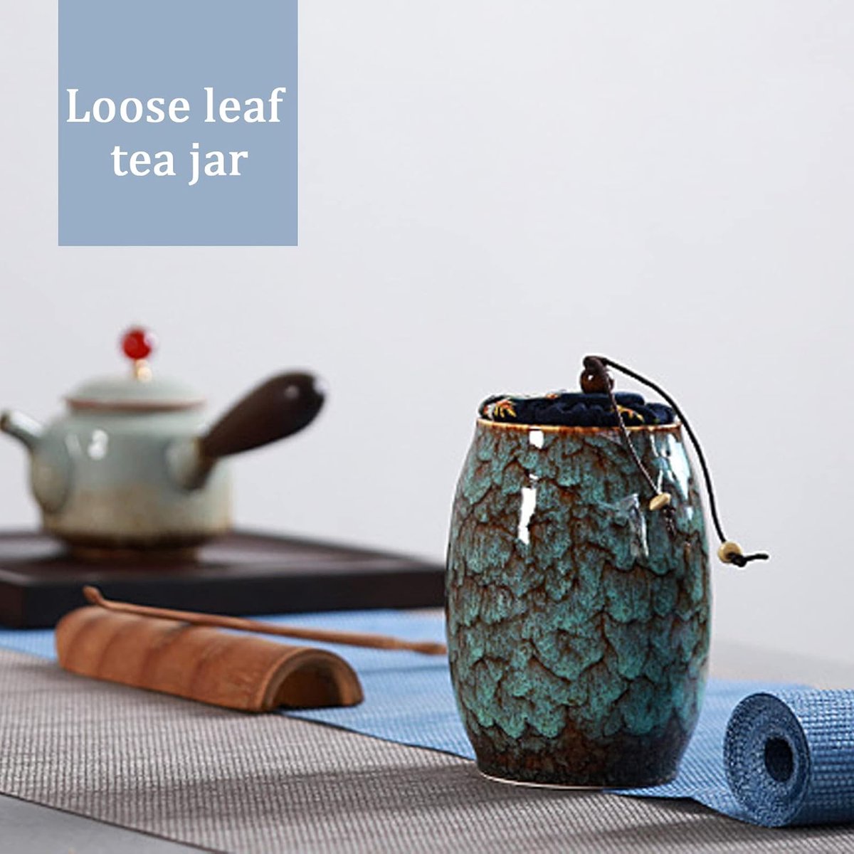 Keramische pot met deksel, vintage stijl, thee/koffie/suiker, keramische voedselopslagpot voor koffie, thee, specerijen, noten, 300ML (hemelsblauw)
