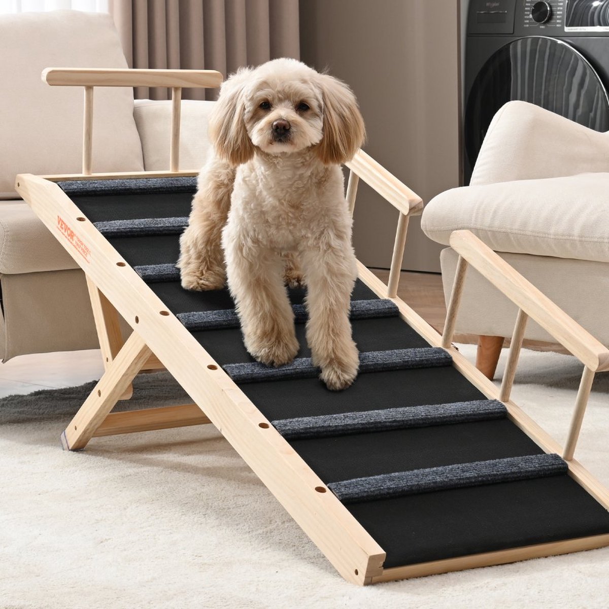 Dog ramp, 1,2 m lange hondentrap met 7 dwarsbalken, hondenautoloopplank van grenenhout, rubberen hondeninstaphulp, 6-traps hoogte-instellingen, dierenloopplank, ca. 113 kg draagvermogen, voor grote en kleine honden