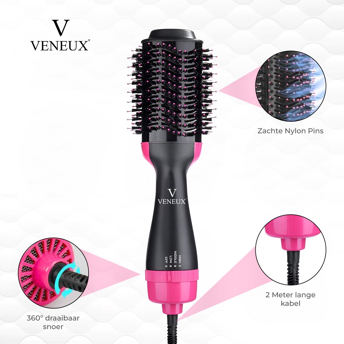 Veneux® 3-in-1 Föhnborstel - Krulborstel - Föhn - Haardroger - 3 Standen