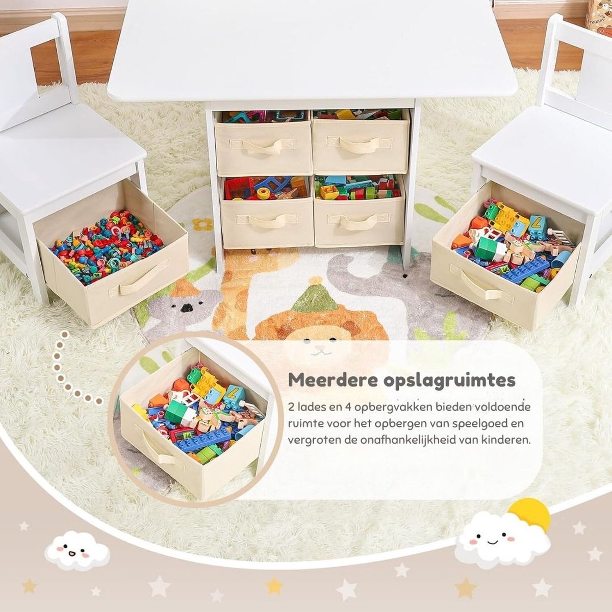 Kindertafel Met Opbergruimte - Kindertafel Met Stoeltjes – Kinderbureau – Inclusief Bankje Met Veel Opbergruimte - Set van 4: 1 x tafel + 2 x stoelen + 1 x kistbank