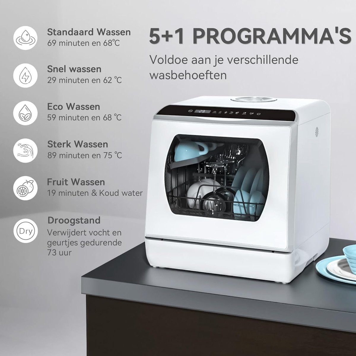 Mini-vaatwasser - tafelvaatwasser - te gebruiken met en zonder wateraansluiting - 43 cm breed - plaats voor 4 couverts - voor gebruik op de camping - 175 kWh/jaar - wit (glazen deur)
