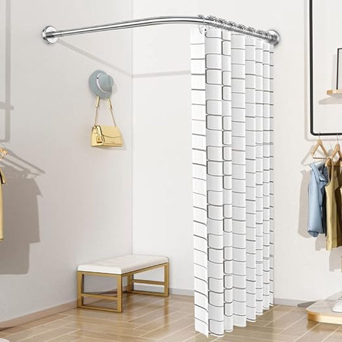 Douchegordijnstang Verstelbaar L-vormig incl. 24 ringen, douchegordijnhoekstang zonder plafondbevestiging uitschuifbaar, roestvrij, boorinstallatie, bad & douche (zilver, 90-120×90-120cm)