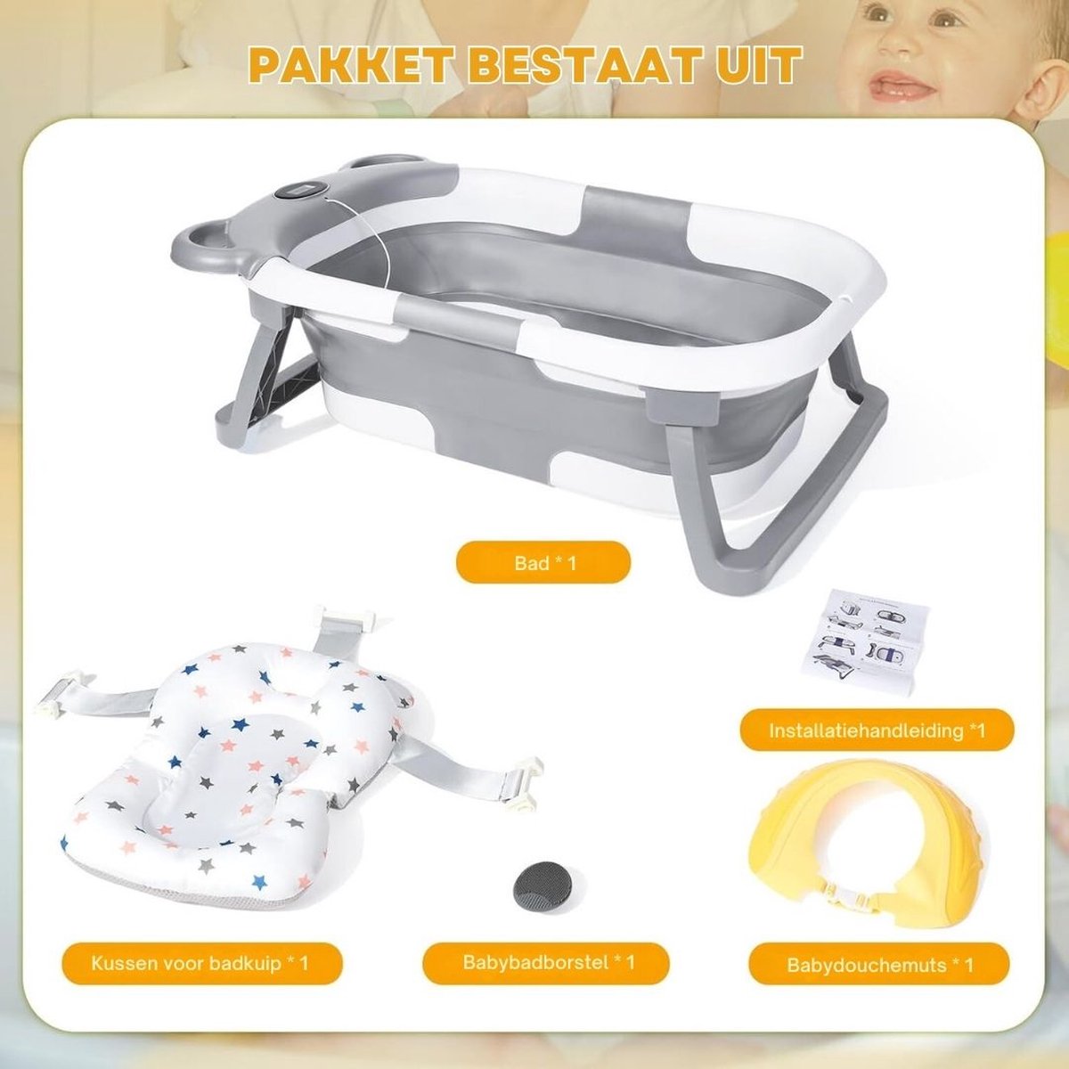 Baby Badje Met Standaard - Babybadje - Inklapbaar Bad - Bad Baby Met Kussen - Zitbad - Opvouwbaar Bad Kinderen - Babybadje met Afvoergat en Antislip Poten - Bath Bucket - Opvouwbaar Babybadje - Babybadset