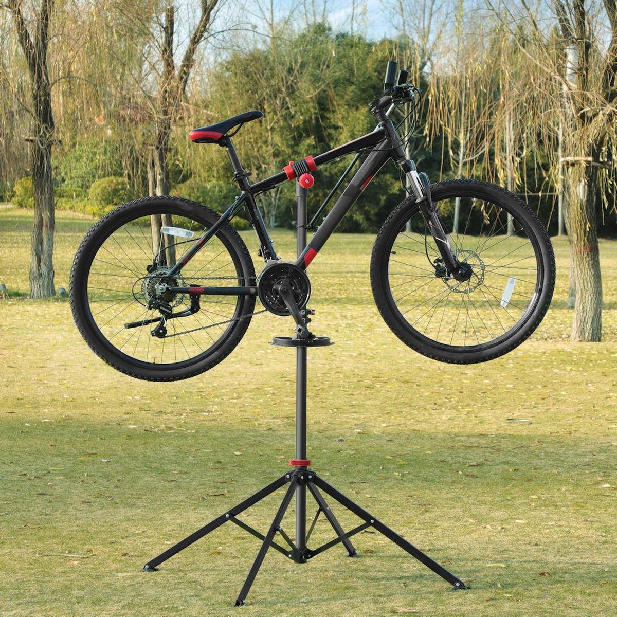 Decopatent® Sterke Montagestandaard Fiets - 360° Draaibaar - Verstelbaar + Gereedschapsbakje - Fiets Montage reparatie standaard