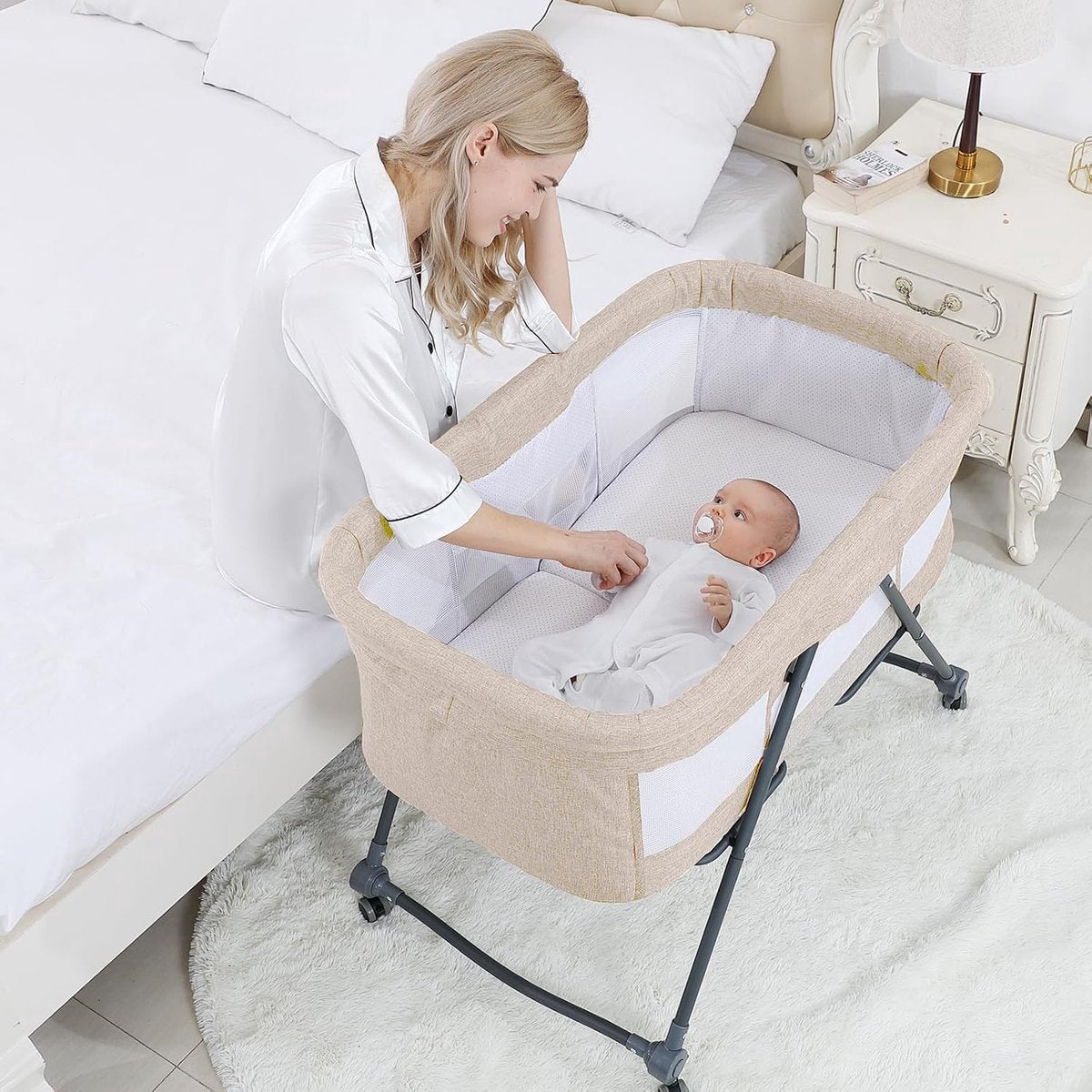 Babybed met zacht matras, reisbed incl. opbergruimte, wiegfunctie, opvouwbaar, slip en transporttas, vanaf de geboorte tot 20 kg, wieg, complete set voor baby's van 0-6 maanden, kaki