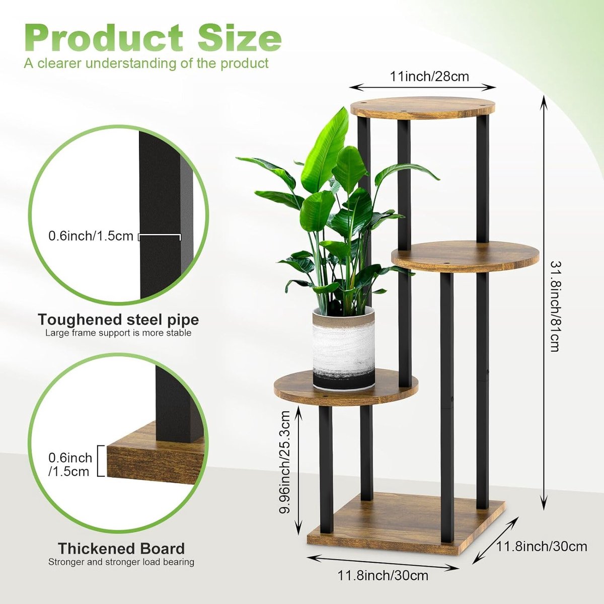 4-laags houten bloemenplank, metalen plantenplank, meerlaagse bloemenstandaard, plantenstandaard, bloemenbank, bloementrap, plantentrap, standaardplank voor binnen, buiten, tuin, balkondecoratie (rond zwart)