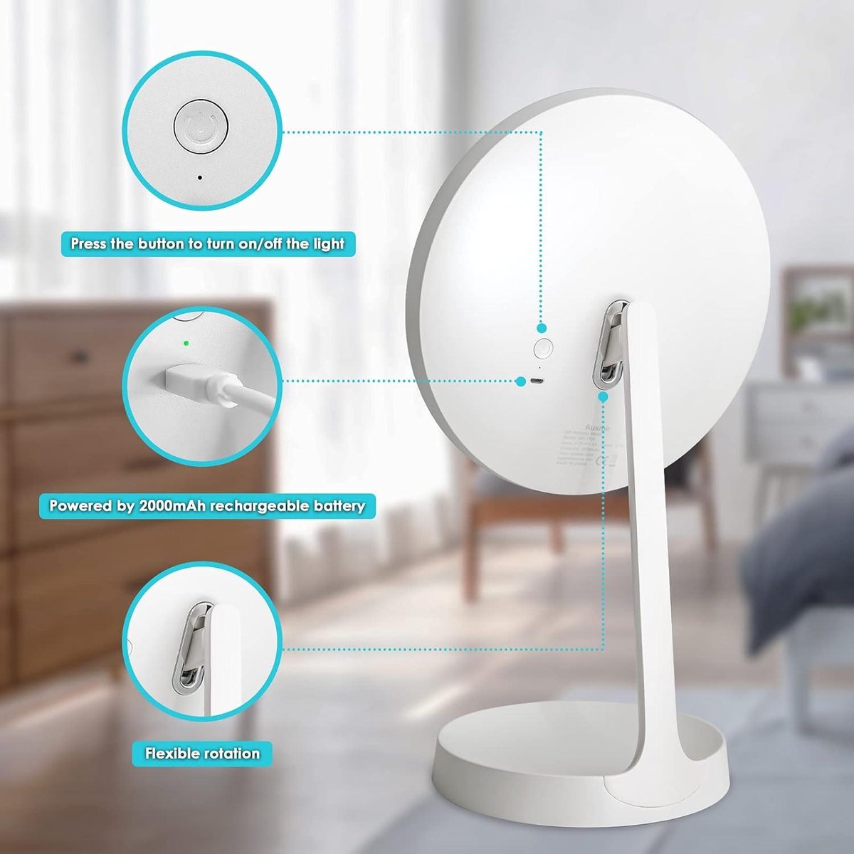 Make-upspiegel met LED-verlichting en aanraakschakelaar - Staande spiegel met lades en USB-voeding - Dimbaar en draaibaar