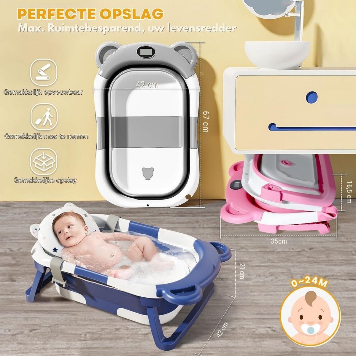 Baby Badje Met Standaard - Babybadje - Inklapbaar Bad - Bad Baby Met Kussen - Zitbad - Opvouwbaar Bad Kinderen - Babybadje met Afvoergat en Antislip Poten - Bath Bucket - Opvouwbaar Babybadje - Babybadset