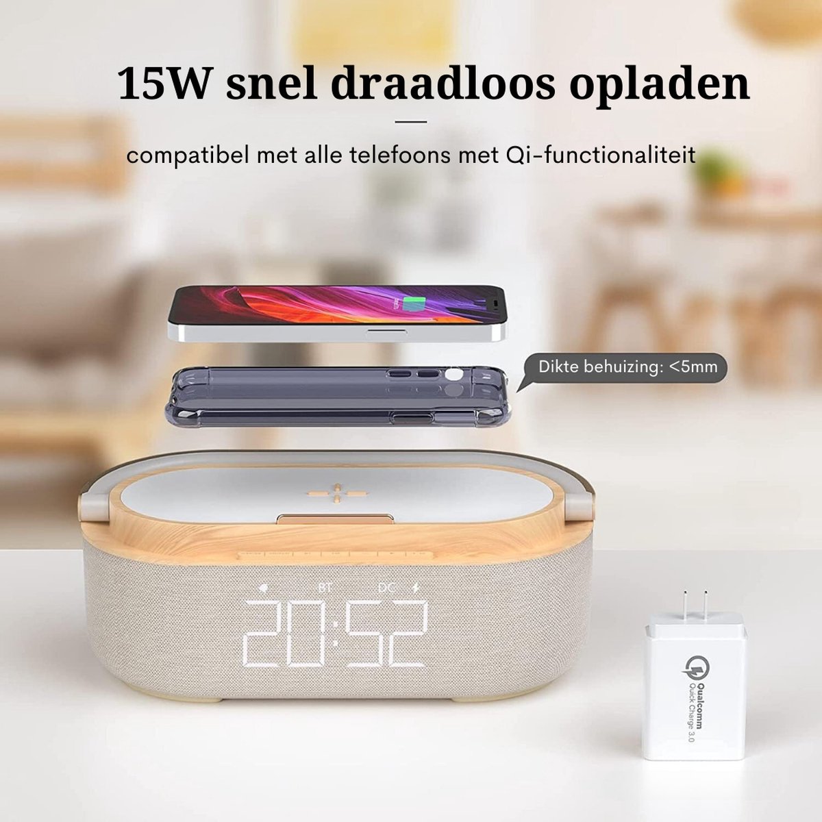 Radiowekker met draadloos opladen - Met bluetooth luidspreker - met USB oplader - Slimme wekker - Sluimerfunctie - Inclusief laadstation - LED-display