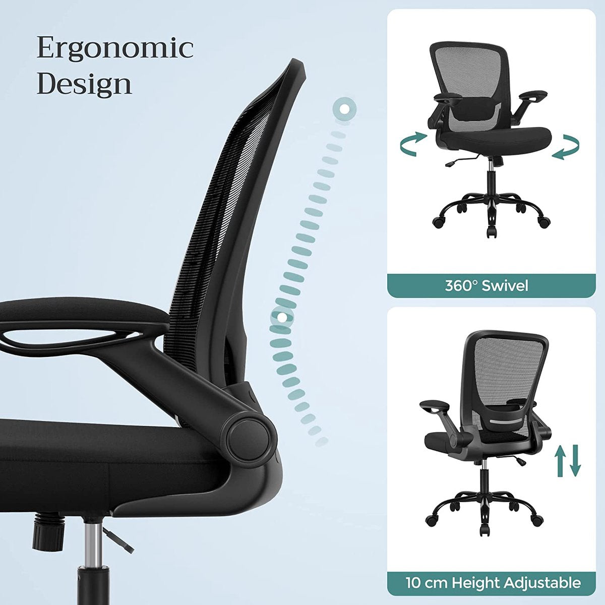 Ergonomic Office Chair - Fully Adjustable - Foldable Armrest - Black