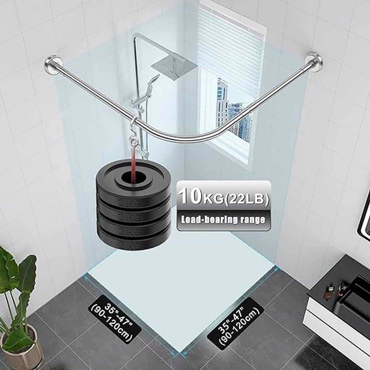 Douchegordijnstang Verstelbaar L-vormig incl. 24 ringen, douchegordijnhoekstang zonder plafondbevestiging uitschuifbaar, roestvrij, boorinstallatie, bad & douche (zilver, 90-120×90-120cm)
