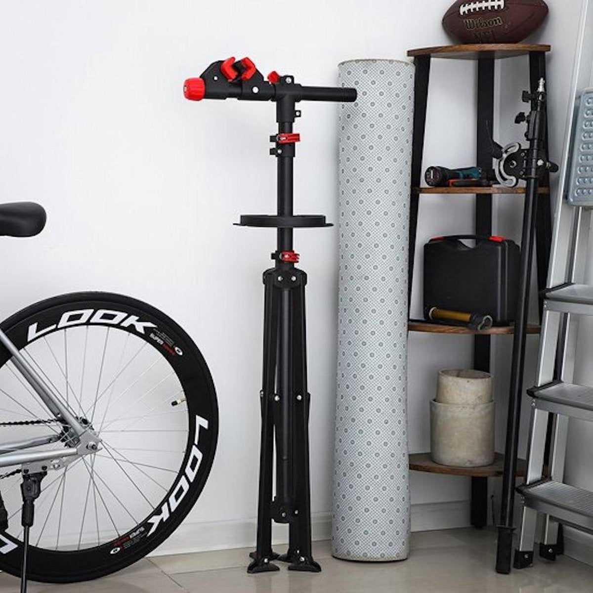 Decopatent® Sterke Montagestandaard Fiets - 360° Draaibaar - Verstelbaar + Gereedschapsbakje - Fiets Montage reparatie standaard