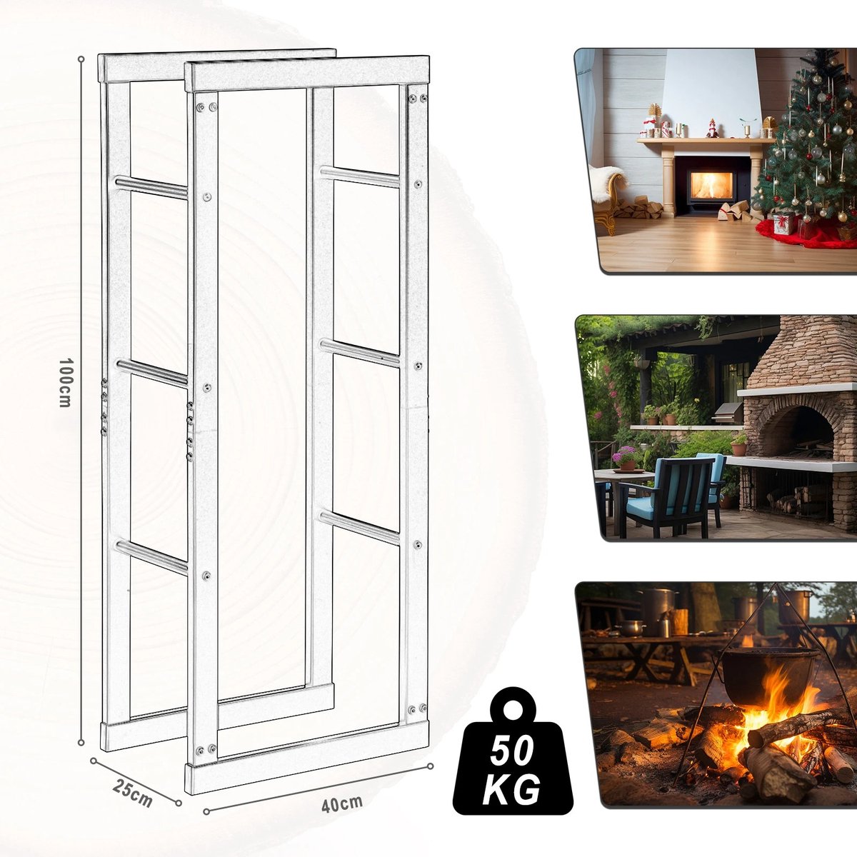 Wood Rack - Firewood Rack - Indoor Firewood Rack - Max 50kg - 100x40x25cm