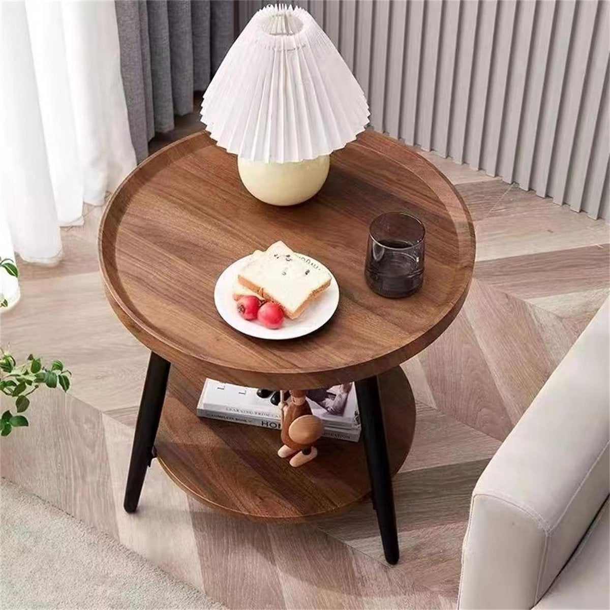 Houten bijzettafel, 2 niveaus, ronde salontafel met opbergruimte, ronde salontafel, woonkamertafel, nachtkastje voor kleine ruimtes, bijzettafel voor woonkamer, slaapkamer, H x D 48 x 40 cm