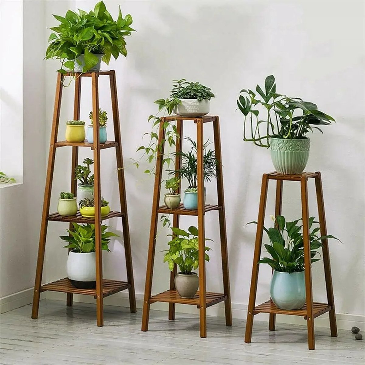 Rakmishop - Plantenstandaard - 4 Laags - Planten display - Plantstandaard bamboe - Plantenrek - Voor binnen en buiten - Model Groot