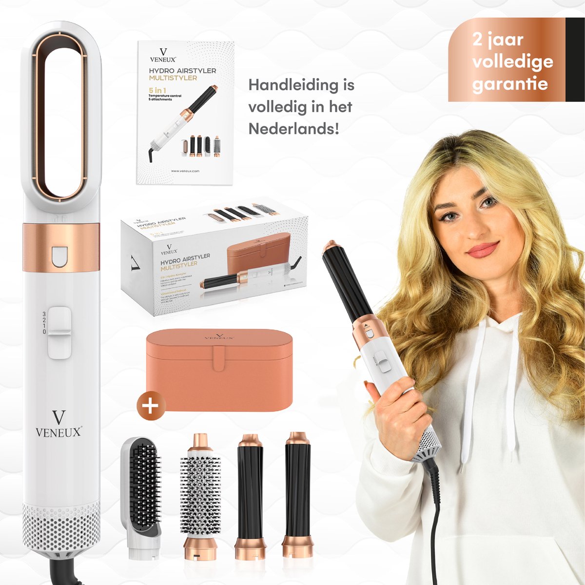VENEUX® Föhnborstel - Airstyler - Krulborstel - Krultangen - 5 in 1 Multistyler - Met Opbergcase - Wit