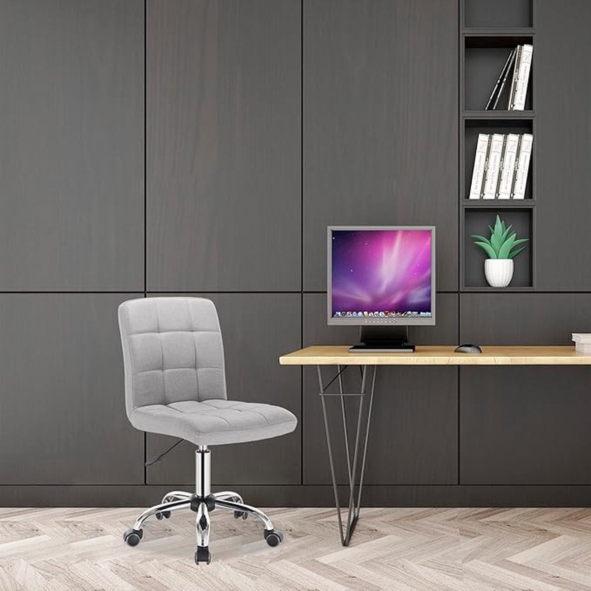 Swivel office chair with ergonomic design, height adjustable and 360-degree rotatable. Suitable for office, study, or bedroom. Linen upholstery in light gray.